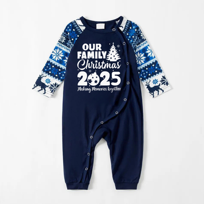 'Our Family Chirstmas 2025 Making Memories Together' Letter Print Blue Long Sleeve With Blue Floral Pants Family Matching Pajamas Sets