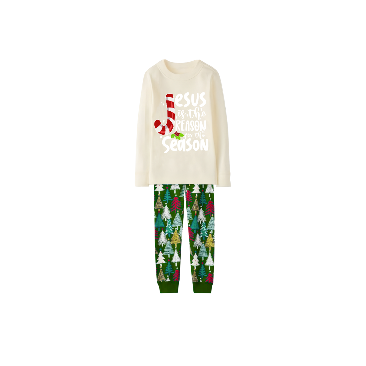 Jesus is the Reason Pajama Set with Festive Christmas Trees and Candy Cane