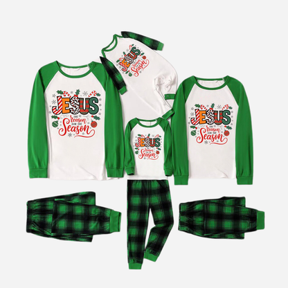 "Jesus is the REASON for the Season" Matching Christmas Pajamas Set - Green Raglan Top and Green Plaid Pants Pajamas