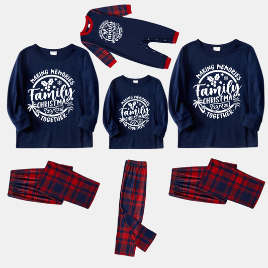 Christmas Make Memories Together 2025 Print Blue Long Sleeve Top with Red & Blue Plaid Family Matching Pajamas