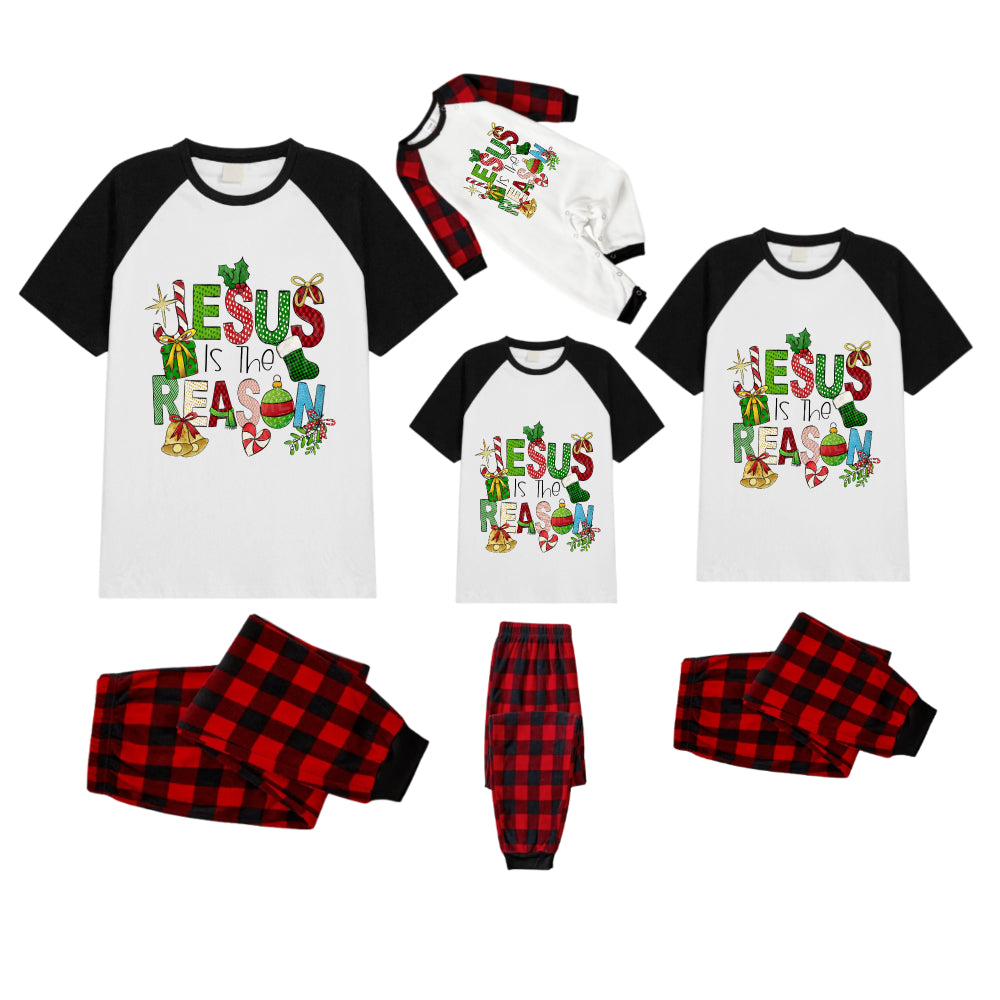 Black and Red Plaid Raglan Short Sleeve Pajamas Set With "Jesus Is The Reason" Slogan Print